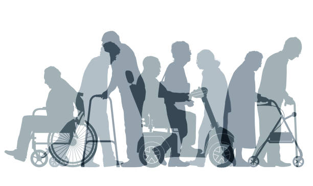 Overlapping silhouettes of elderly or old age people. Fully re-positionable elements. senior adult, elderly, old-age, aging process, residential care, nursing home, Monochrome, black and white