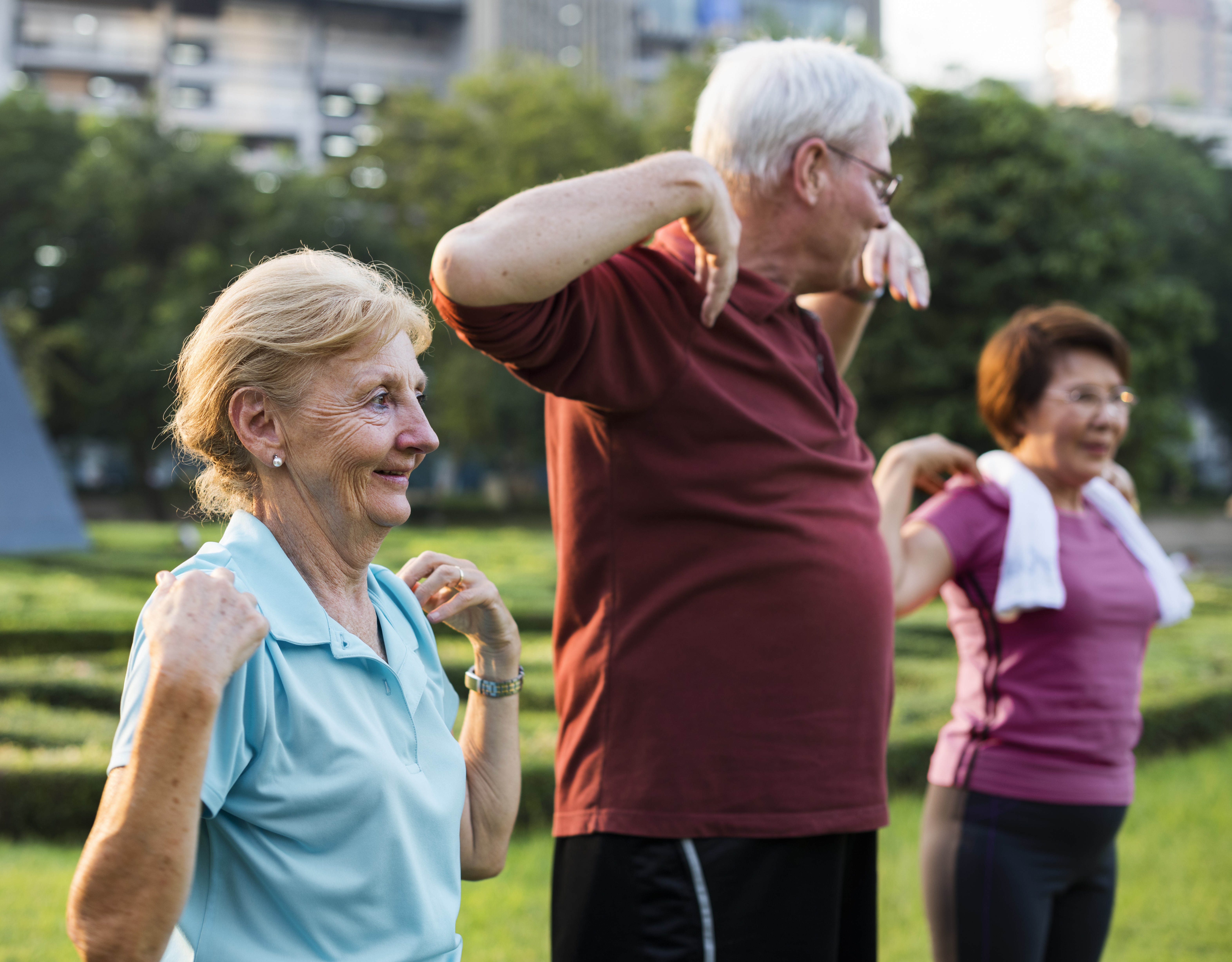 Group of senior friends stretching together in a park